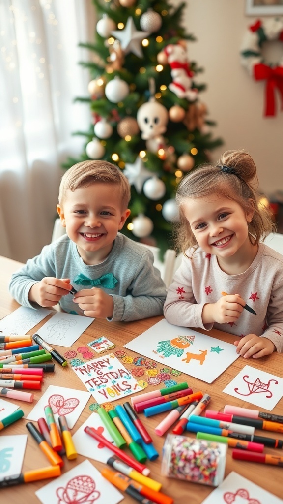 Two children crafting Christmas cards with colorful supplies on a festive table.